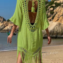 the TASSEL BOHO - Women's Bohemian V-Neck Tassel Dress - Loose-Fitting, Beige Maxi Dress with Fringe Detail, Perfect for Beach and Casual Attire, Beach Coverup | Bohemian Style |Tassel Detail Beach Dress