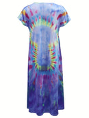 the BLUE AURA BOHO - Vibrant Tie-Dye Print V-Neck Maxi Dress for Women - Casual Short Sleeve Summer Beach Dress in Blues, Purples & Yellows, Autumn Attire | V-Neck Flowy Dress | Stretchable Fabric, Beach Clothes