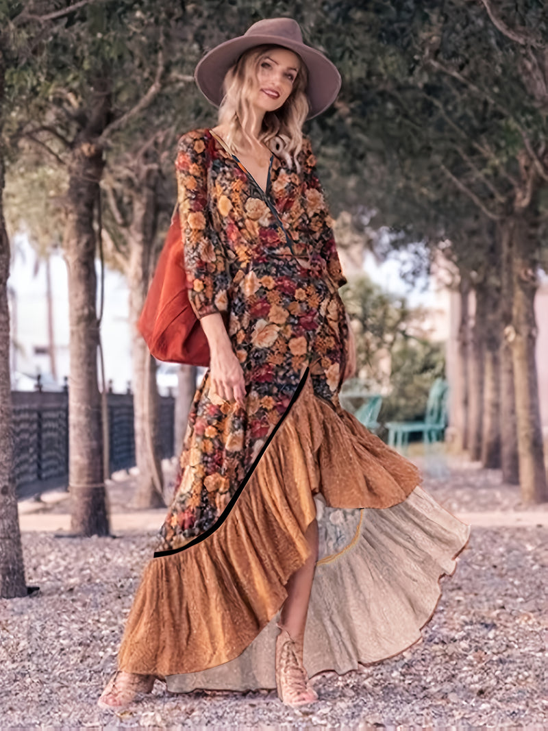 the WESTERN ROSE - Women's V-Neck Floral Print Long Sleeve Ruffle Hem Wrap Dress, 100% Polyester Casual Style for All Seasons