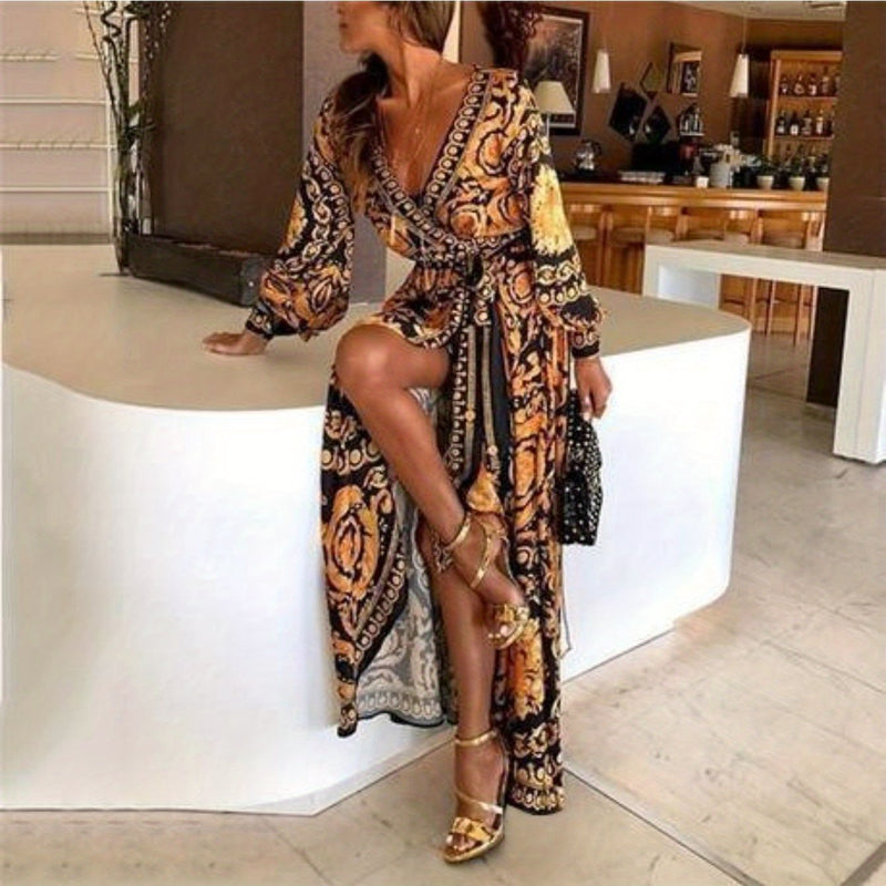 the BAROQUE BOHO WRAP - Women's Bohemian Vintage Maxi Dress - Long Sleeve V-Neck, Tropical Paisley Print with Lace Trim, Lightweight Polyester, Perfect for Travel, Vacations, Parties & Gifts