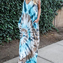 the BAGGY BOHO - Stylish Tie-Dye Knitted Dress with a Relaxed Vacation Vibe, Featuring Thin Straps, V-Neck, Pockets and Loose Long Design for Women's Casual Wear