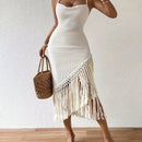 the FRINGE BOHO - Women's Fringe Hem Spaghetti Strap Dress Maxi Vacation Beach Outfit