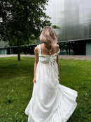 the WHITE WHISPER - Women's Summer Boho Dress, Square Neck Strapped A-Line Maxi Sundress Solid Color Ruffle Beach Long Dresses