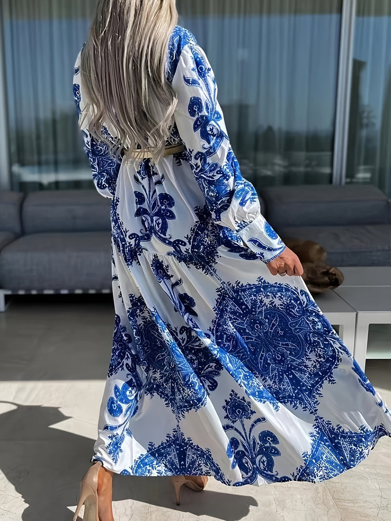 the ELEGANT LADY - Bohemian Style Women's Long Maxi Dress, Polyester V-Neck with Lantern Sleeves, Pop Print Pattern, Fitted Waist, No Belt, for All Seasons