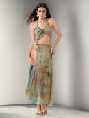 the SURVIVOR BOHO - Women Tie-Dye Print Dress Halter Neck Unique Hollow Cut-Out S-Ring Trim Flowy Long Dresses
