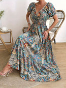 the VINTAGE PAISLEY BOHO - Plus Size Paisley Print Off Shoulder Dress, Elegant V-Neck Short Sleeve Dress for Spring & Summer, Women's Plus Size Clothing