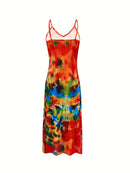 the PEACE BABY BOHO - Women's Tie-Dye V-Neck Dress, Abstract Gradient Color Block, Breathable 3D Print Knit Fabric, All-Season Casual Vacation Style, Slip Dress with A-Line Long Hem