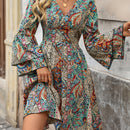the PRETTY PAISLEY BOHO - Lightweight Design Elegant Paisley Print A-Line Dress for Women - Deep V-Neck, Layered Bell Sleeves, Cinched Waist, Polyester Blend, Machine Washable
