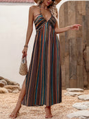 the BEACH BOHEMIAN - Women's Bohemian Style Long Beach Dress - Off-Shoulder, Striped Maxi Skirt with Knot Detail, Sleeveless A-Line Silhouette for Spring/Summer/Fall, Casual Vacation Attire | Vacation Ready | Bohemian Vibes