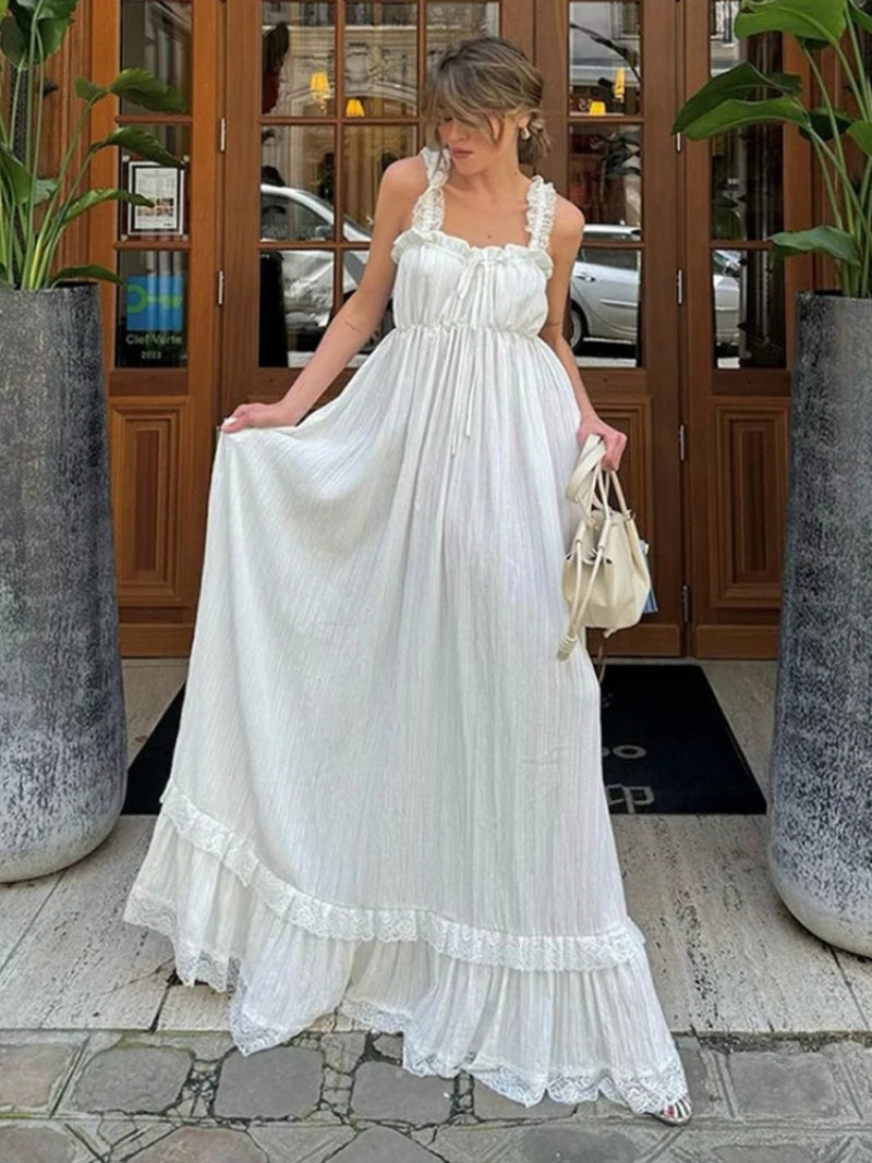 the WHITE WHISPER - Women's Summer Boho Dress, Square Neck Strapped A-Line Maxi Sundress Solid Color Ruffle Beach Long Dresses