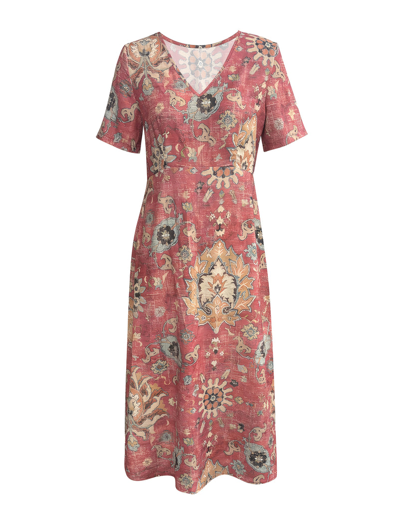 the FADED BOHO - Women's Bohemian Floral Print V-Neck Maxi Dress - Short Sleeve, Casual & Elegant for Vacation or Outing, Pink with Yellow & Blue Accents, Polyester Blend, Lightweight & Flowy Design