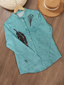 the TRIBAL FEATHER - Women's Vintage Western-Style Bohemian & Leaf Print Shirt - Turquoise Round Neck Button-Up Casual Top, Lightweight Woven Polyester, All-Season Comfort Fit, Boho Chic Apparel | Buttondown Dress | Tribal Pattern Top