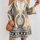 the ELEGANT BAROQUE BOHO - Women's Off-Shoulder Bohemian Print Dress - Black and White Geometric Pattern, Sleeveless, Perfect for Beach and Casual Attire, Beach Attire | Bohemian Style | Strapless Design