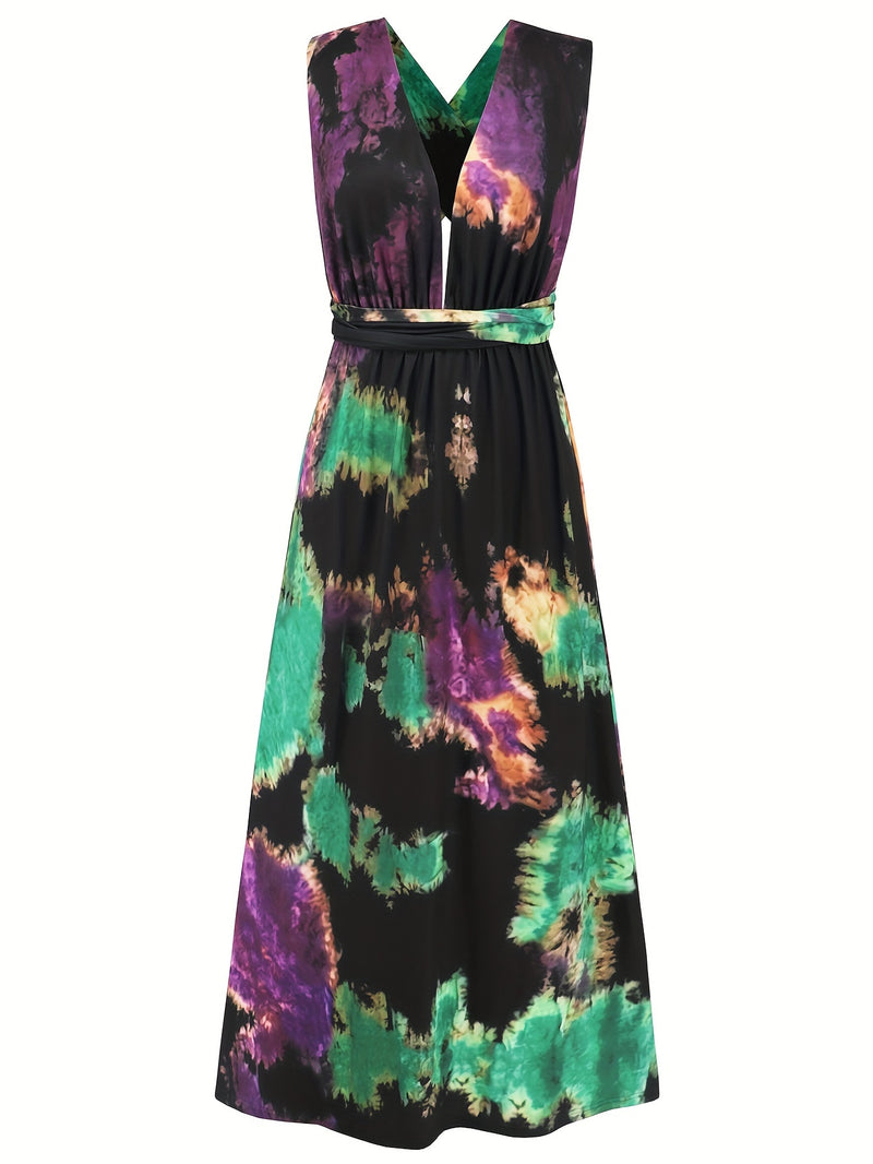 the TIE-DYE TIE-UP BOHO - Tie Dye Print Crisscross Lace Up Maxi Dress, Elegant Sleeveless Tank Dress for Spring & Summer, Women's Clothing