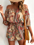 the PAISLEY ROMPER - Paisley Print Off Shoulder Romper Jumpsuit, Vacation Bell Sleeve Cinched Waist Romper Jumpsuit, Women's Clothing