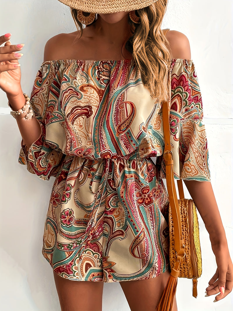 the PAISLEY ROMPER - Paisley Print Off Shoulder Romper Jumpsuit, Vacation Bell Sleeve Cinched Waist Romper Jumpsuit, Women's Clothing