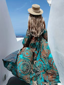 the TEAL PEACOCK - Elegant Off-Shoulder Long Sleeve Dress with Tribal Print - Shirred Waist, Loose Fit, Woven Polyester, Vacation Style for Women - All Seasons