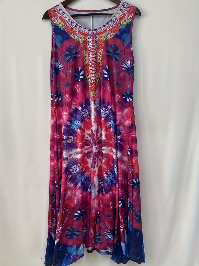 the HAPPY HIPPIE BOHO - Boho Abstract Print Tank Dress, Vintage Sleeveless Dress for Spring & Summer