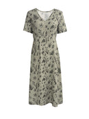 the OLIVE BRANCH BOHO - Boho Chic Floral Print Maxi Dress for Women - Elegant V-Neck, Short Sleeve, Cinched Waist A-Line Dress with Ruffled Hem, Lightweight Polyester Blend, Perfect for Spring & Summer Outings, Vacations, and Casual Wear, Vacation Boho