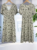 the OLIVE BRANCH BOHO - Boho Chic Floral Print Maxi Dress for Women - Elegant V-Neck, Short Sleeve, Cinched Waist A-Line Dress with Ruffled Hem, Lightweight Polyester Blend, Perfect for Spring & Summer Outings, Vacations, and Casual Wear, Vacation Boho