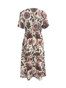 the BROWN PRAIRIE BOHO - Casual V-Neck Short Sleeve Polyester Long Dress, Elegant, All-Over Plants Print, No Pockets Dress for Vacation, Outdoor Wear