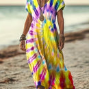 the SUNRAY BOHO - Women's Elegant V-Neck Tie-Dye Maxi Dress - Casual Long Sleeve Abstract Print Summer Beachwear, Flowy & Comfortable, Vibrant Tie-Dye Patterns, Perfect for Spring/Summer, Casual Summer Wear | V-Neck Dress Abstract Print Dress