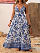 the BLUE PORCELIAN BOHO - Women's Floral Print Maxi Dress | Deep V-Neck with Crisscross Straps | Polyester, Non-Stretch Woven Fabric | Elegant Blue and White Flowy Design for Spring/Summer | Machine Washable | Perfect for Vacation & Casual Outings
