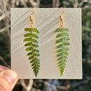the FERNGULLY - Handcrafted Real Dried Leaf Resin Earrings - Bohemian Style Green Fern Leaf Design with Golden Hook, Unique Handmade Jewelry for Women, Perfect for Casual Attire or Parties, All-Season Accessory