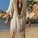 the TASSEL BOHO - Women's Bohemian V-Neck Tassel Dress - Loose-Fitting, Beige Maxi Dress with Fringe Detail, Perfect for Beach and Casual Attire, Beach Coverup | Bohemian Style |Tassel Detail Beach Dress