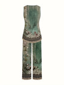 the VINTAGE ELEGANCE - Sleeveless Summer Floral Print Two Piece Set - Women's Casual Vest and Pants Set