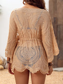 the BEIGE BOHO - Boho Chic Khaki Embroidered Floral Cover-Up Dress, V-Neck, Batwing Sleeves, Semi-Sheer Mesh Knit, Tie Waist, Perfect for Beach Vacations, Casual Outings & Music Festivals, Dresses for Beach