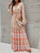 the APRICOT BOHO - Women's Floral V-Neck Maxi Dress - Long Sleeve, Tiered Ruffle Hem, Drawstring Detail, Machine Washable - Perfect for All Seasons