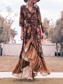 the WESTERN ROSE - Women's V-Neck Floral Print Long Sleeve Ruffle Hem Wrap Dress, 100% Polyester Casual Style for All Seasons