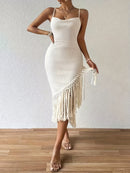 the FRINGE BOHO - Women's Fringe Hem Spaghetti Strap Dress Maxi Vacation Beach Outfit