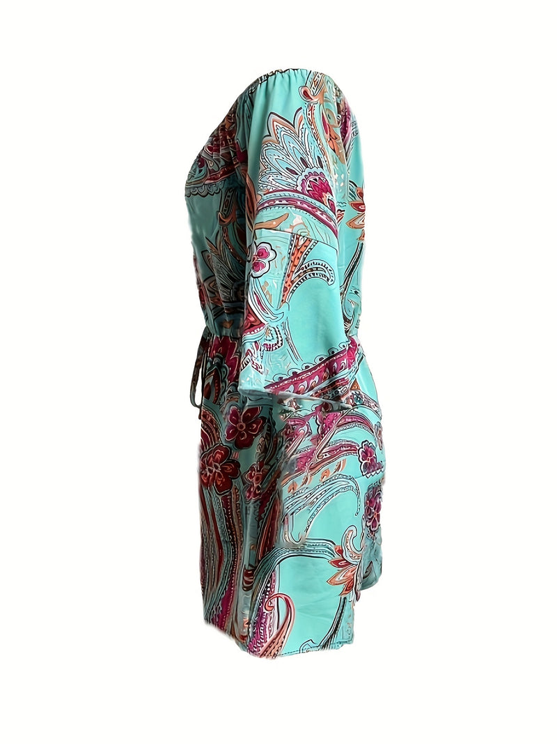 the PAISLEY ROMPER - Paisley Print Off Shoulder Romper Jumpsuit, Vacation Bell Sleeve Cinched Waist Romper Jumpsuit, Women's Clothing