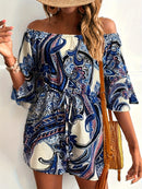 the PAISLEY ROMPER - Paisley Print Off Shoulder Romper Jumpsuit, Vacation Bell Sleeve Cinched Waist Romper Jumpsuit, Women's Clothing