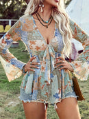 the PATCHWORK BOHO BLOUSE - Floral Print Tie Front Blouse, Elegant Flare Sleeve Lettuce Trim Plunging Neck Blouse for Summer & Spring, Women's Clothing