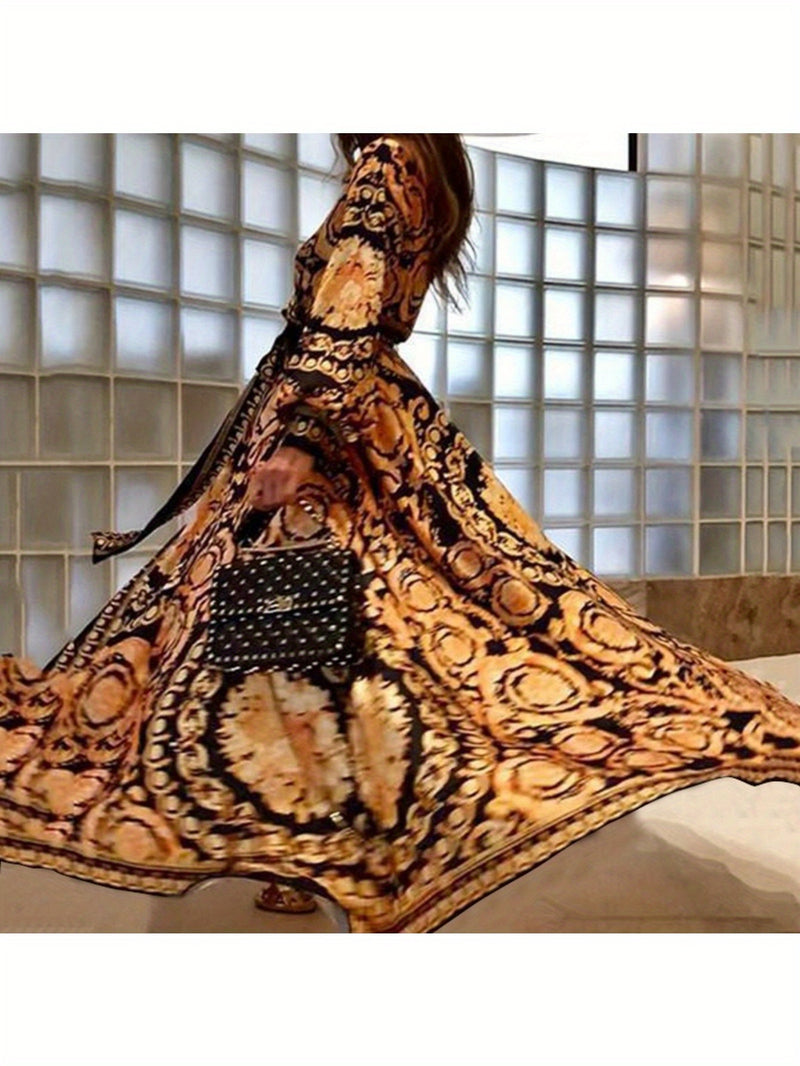 the BAROQUE BOHO WRAP - Women's Bohemian Vintage Maxi Dress - Long Sleeve V-Neck, Tropical Paisley Print with Lace Trim, Lightweight Polyester, Perfect for Travel, Vacations, Parties & Gifts