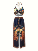 the ROYAL BOHO - Floral Print Vacation Pants Set, Tie Backless Crop Halter Top & Wide Leg Knotted Front Pants Outfits, Women's Clothing