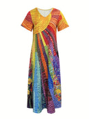 the PATCHWORK SUN BOHO - Women's Vibrant Rainbow Print Maxi Dress - Sleeveless, V-Neck, Flowy Summer Dress for Beach and Vacation, Beach Vacation Attire | Vibrant Print Dress | Flowy Fabric