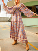 the ANGELIC COWGIRL - Paisley Print V-Neck Dress, Casual Long Sleeve Dress for Spring/Fall