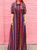 the CARNIVALE BOHO - Women's Striped Shirt-Style Collar Half Sleeve Comfortable Bohemian Maxi Dress