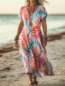 the TO DYE FOR BOHO - Vibrant Tie-Dye V-Neck Maxi Dress for Women - Casual Short Sleeve Summer Dress in Flowing A-Line Cut, Lightweight Polyester Blend, Perfect for Beach or Casual Attire, Beach Dress