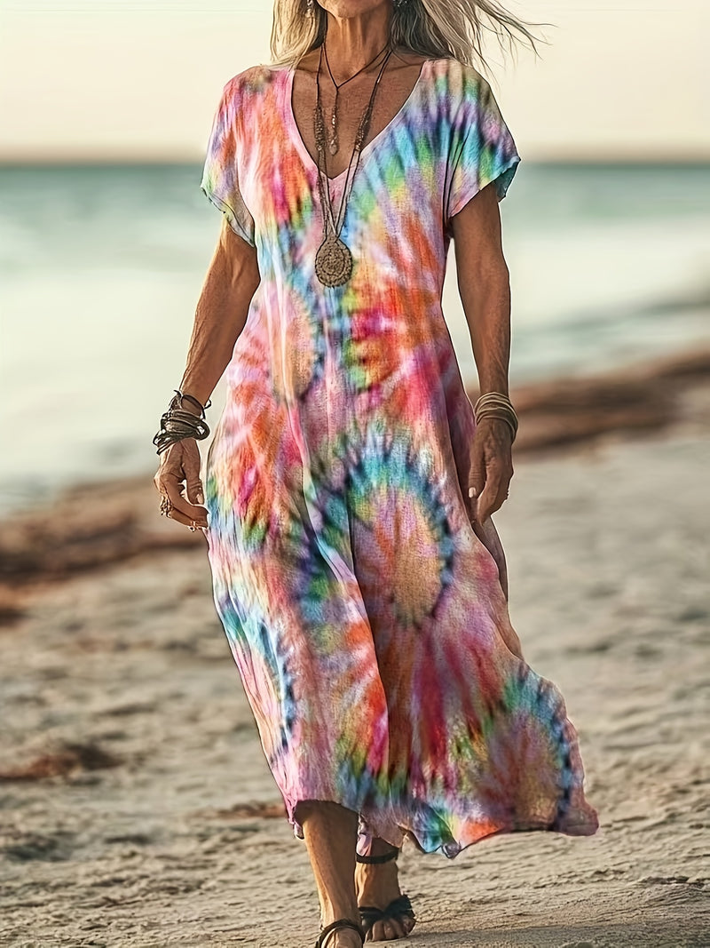 the TO DYE FOR BOHO - Vibrant Tie-Dye V-Neck Maxi Dress for Women - Casual Short Sleeve Summer Dress in Flowing A-Line Cut, Lightweight Polyester Blend, Perfect for Beach or Casual Attire, Beach Dress