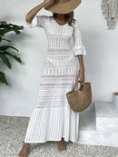 the WHITE SANDS CROCHET - Bohemian Crochet Beach Cover-Up Dress, Solid Color Cover Dress, Women's Swimwear