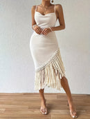 the FRINGE BOHO - Women's Fringe Hem Spaghetti Strap Dress Maxi Vacation Beach Outfit