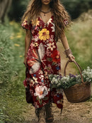 the LAVENDER FIELDS - Bohemian Folk Digital Print Short-Sleeve Linen Dress