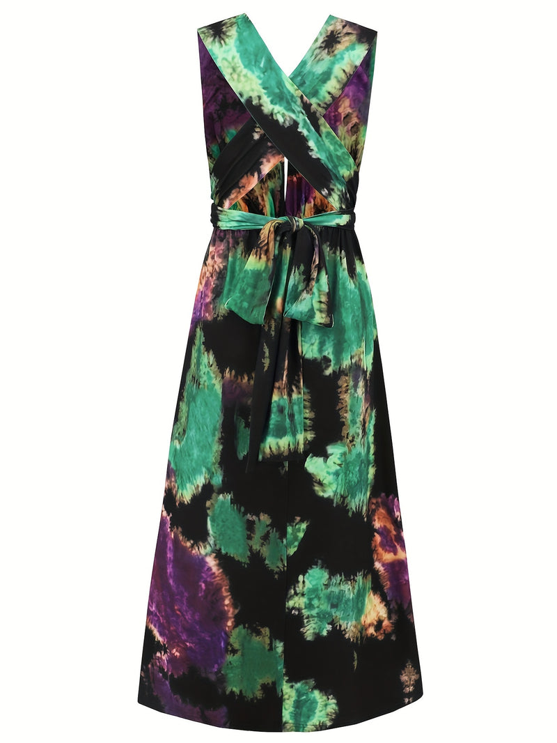 the TIE-DYE TIE-UP BOHO - Tie Dye Print Crisscross Lace Up Maxi Dress, Elegant Sleeveless Tank Dress for Spring & Summer, Women's Clothing