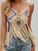 the KNITTED BOHO - Bohemian Women's Strapless Hollow Beach Cover-up with Hook and Loop Tassels, Women's Sun Protection Shirt