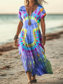 the BLUE AURA BOHO - Vibrant Tie-Dye Print V-Neck Maxi Dress for Women - Casual Short Sleeve Summer Beach Dress in Blues, Purples & Yellows, Autumn Attire | V-Neck Flowy Dress | Stretchable Fabric, Beach Clothes